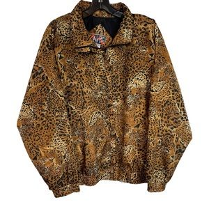 Vintage Animal Print Windbreaker Jacket L Brown Tan Pockets